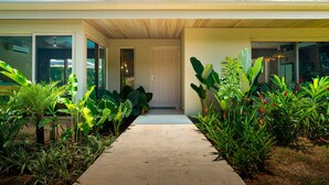 A modern house with a concrete pathway leading to a door, surrounded by lush tropical plants.