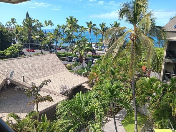 Vista de un resort con un edificio de techo de paja, palmeras y un estacionamiento con coches.