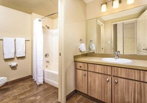 Hair dryer, bidet, towels, soap