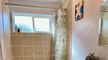 Hair dryer, towels, soap, shampoo