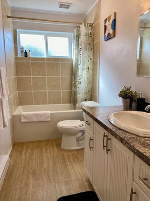 Secadora de cabello, toallas, jabón, shampoo 