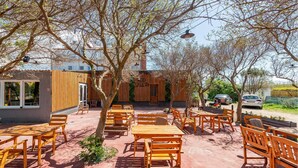 Un espacio al aire libre con mesas y bancos de madera, rodeado de árboles y un edificio de fachada de madera.