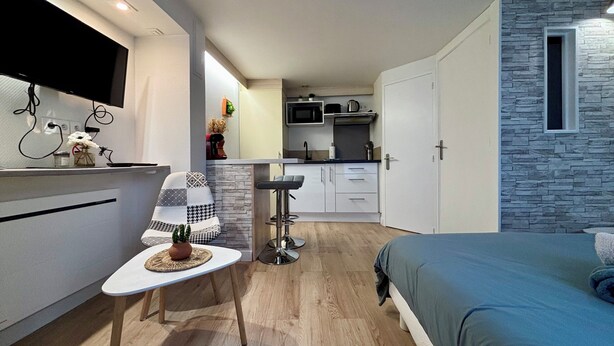 A compact bedroom with a bed and a small table with a plant. Adjacent is a kitchenette with a microwave and a stove. The room has a stone accent wall and a window. - Casa Cloutiers #1 -Studio RDC -Hyper Centre Brive (Brive-la-Gaillarde)