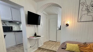 Un espacio habitable compacto con kitchenette, televisor de pantalla plana montado en la pared y sofá con cojines estampados.