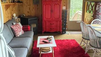 A cozy cabin interior with a grey sofa, a red cabinet, a small table with a plant, and a red rug.