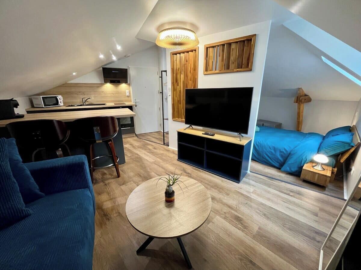 A compact living space with a kitchenette, a sofa, a TV, and a small dining table.