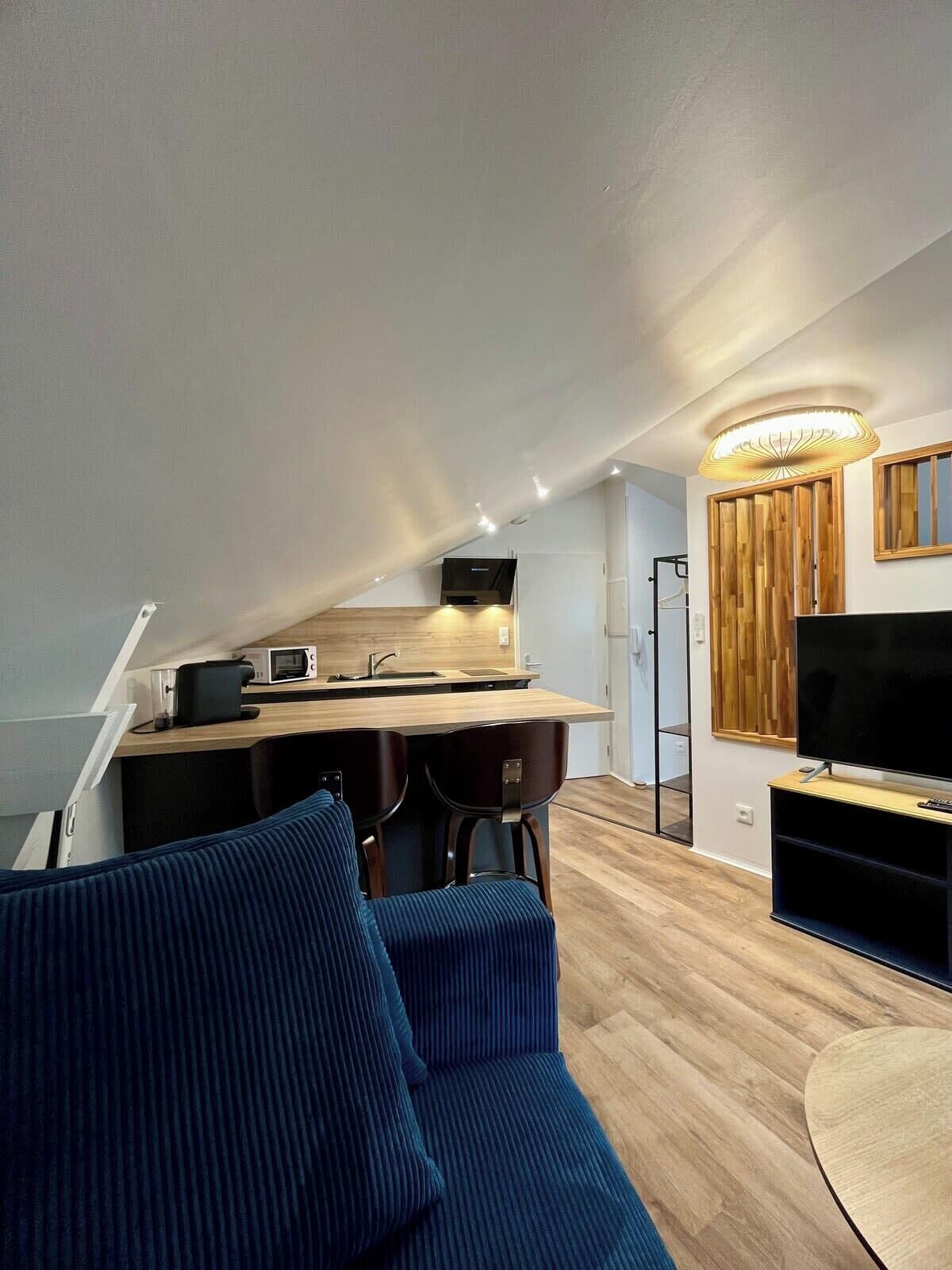 A compact living space with a kitchenette, a sofa, a TV, and a ceiling light fixture.