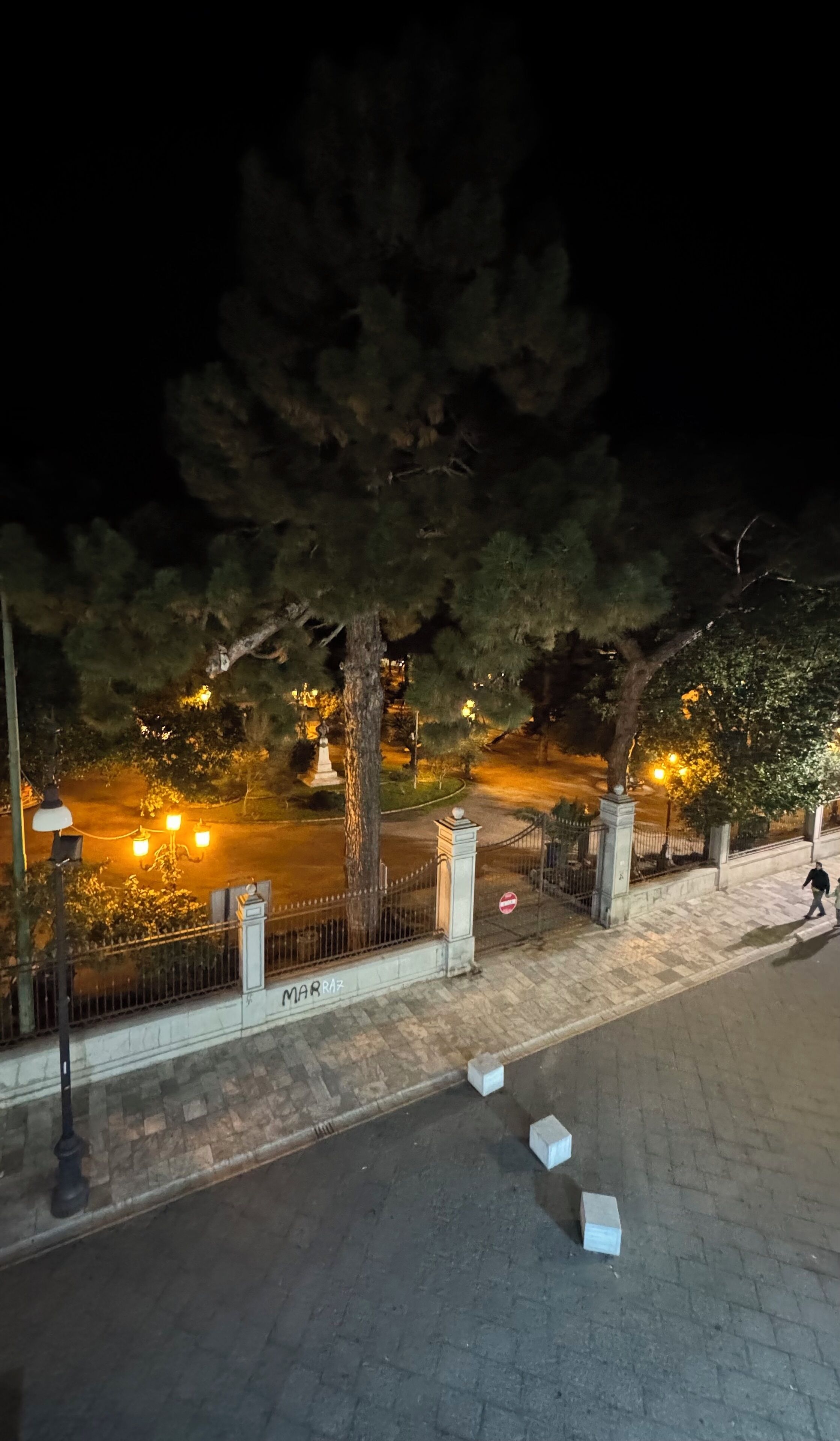 Vista nocturna de un parque con árboles y un camino pavimentado.