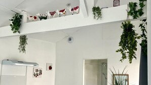 Una cocina moderna con armarios blancos, un lavamanos de acero inoxidable y un microondas sobre un mueble pequeño también blanco. Hay plantas decorativas y una jaula de pájaros en los estantes.