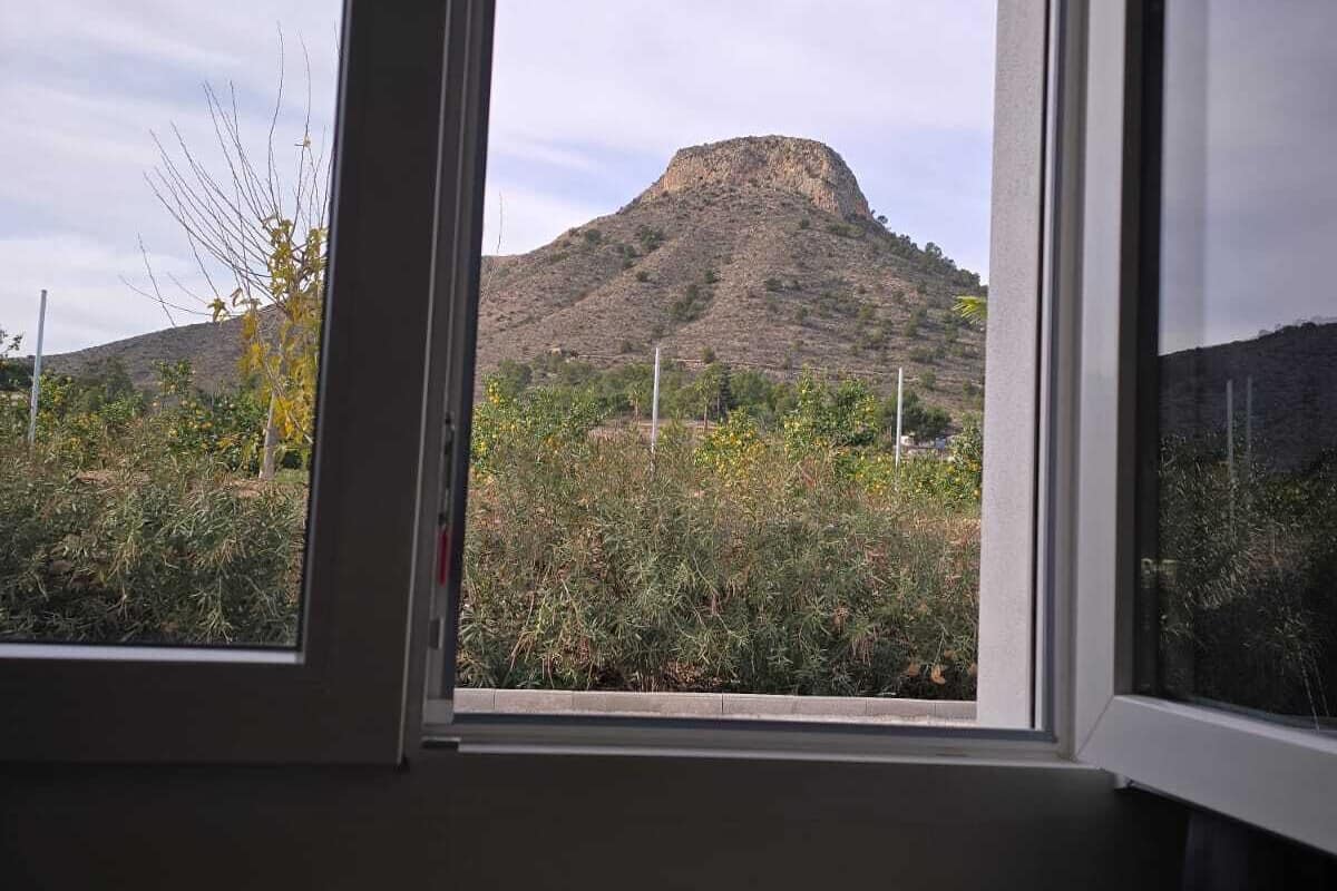 A window with a view of a hill and sparse vegetation.