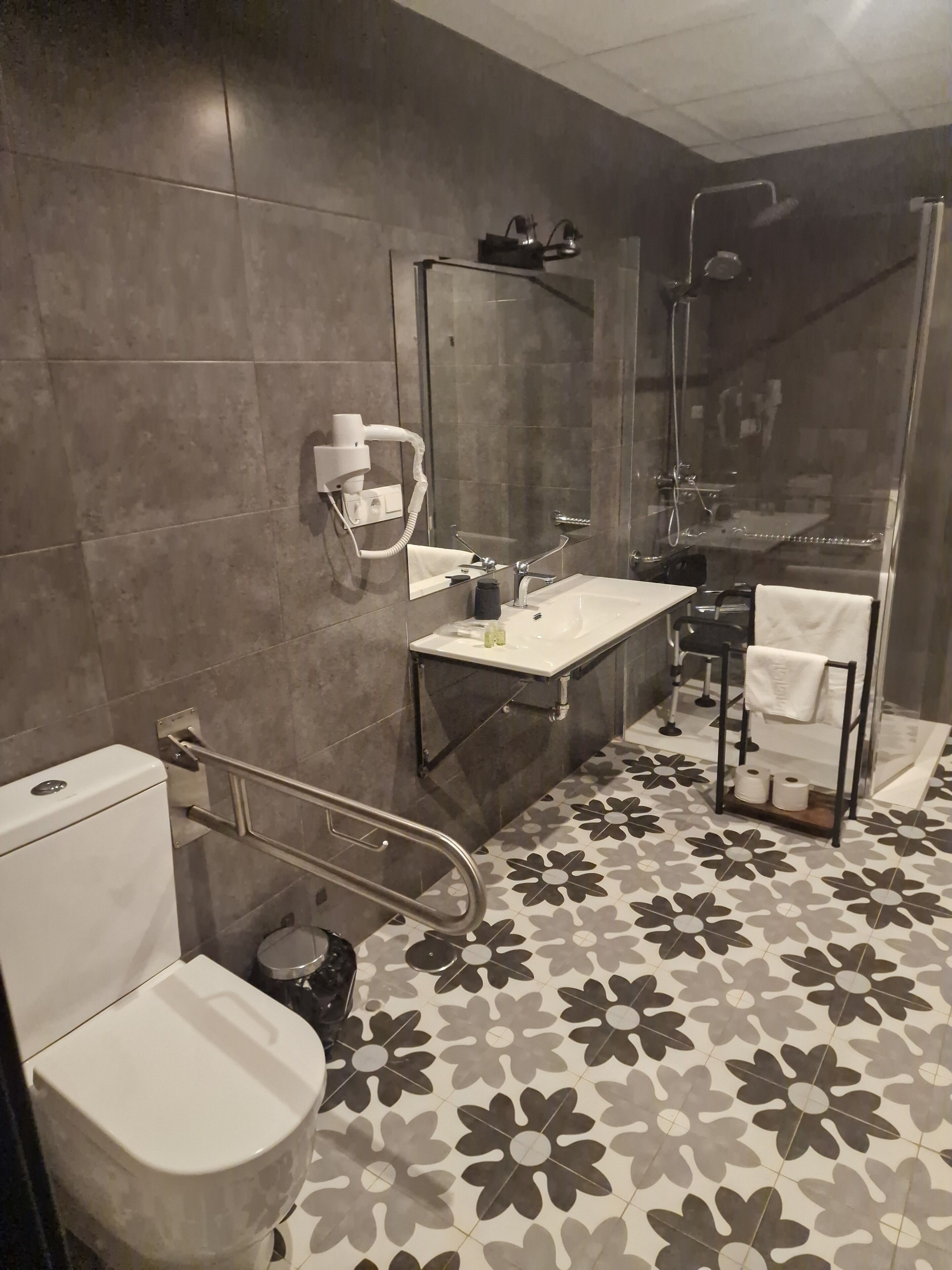 A bathroom with a toilet, sink, shower, and a handrail.