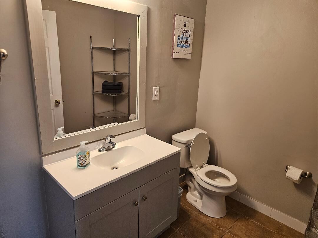 A bathroom with a white sink, mirror, and toilet. There is a shelf above the sink and a toilet paper holder on the wall.