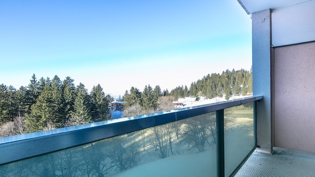 A balcony with a clear view of a snowy landscape and dense forest. - Apartment with Ski Access (Chamrousse)
