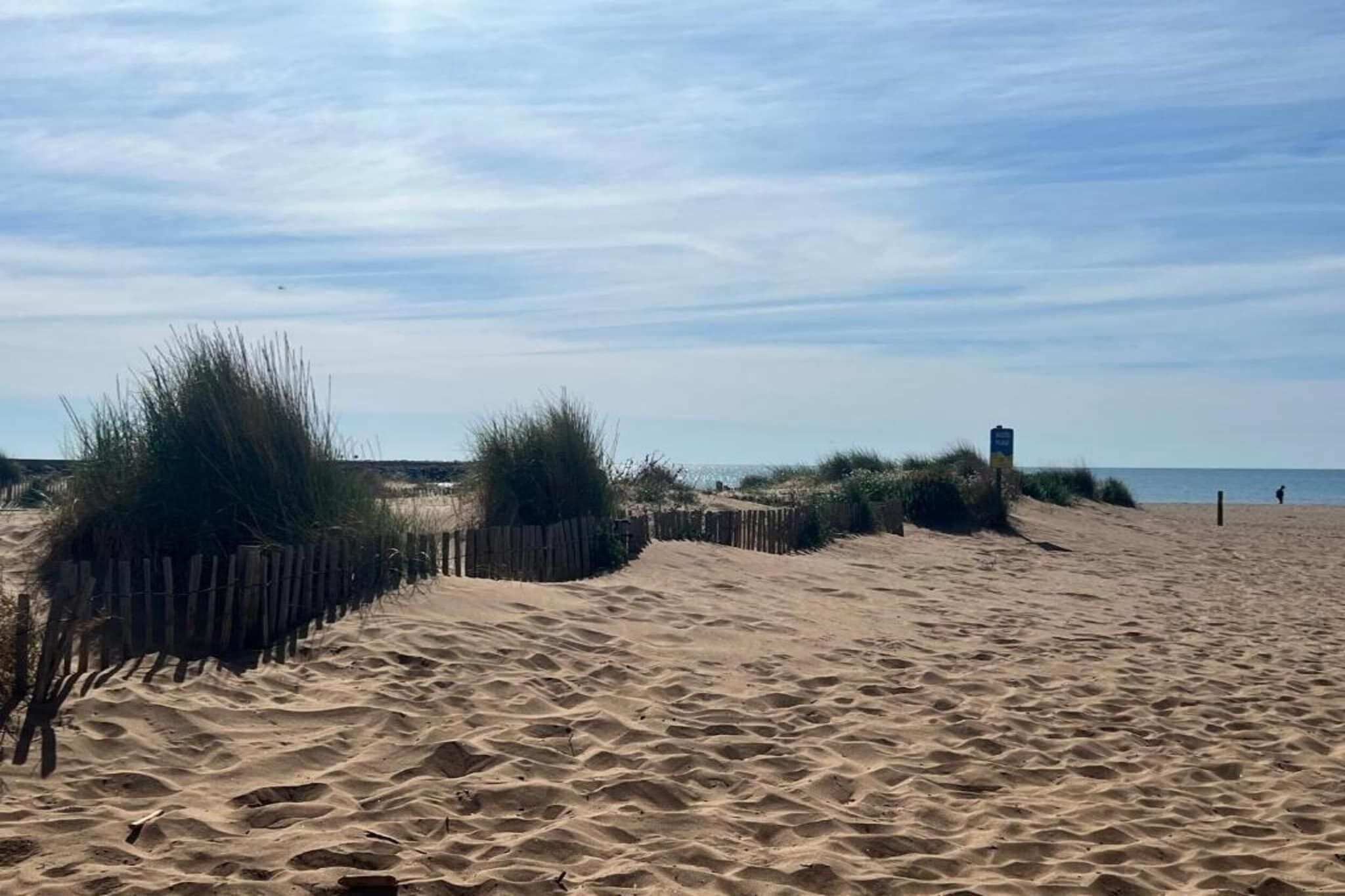 A sandy beach with a wooden fence and vegetation.