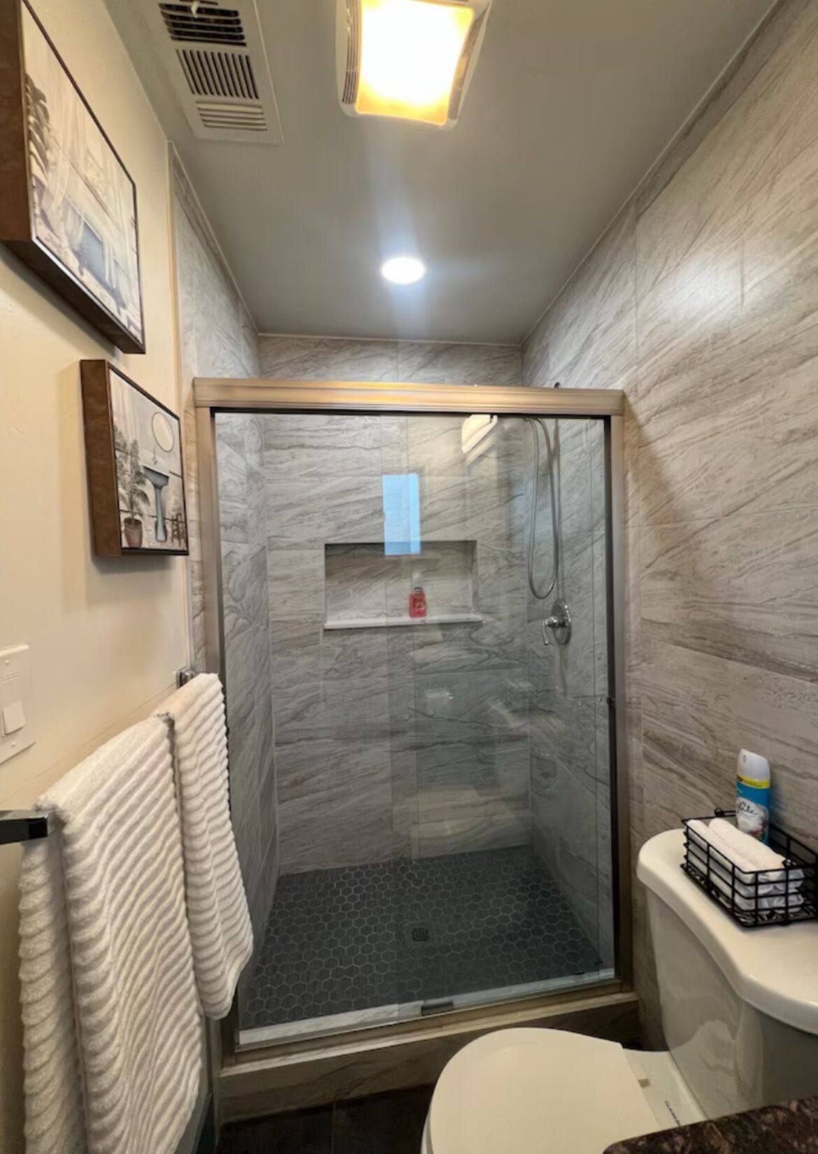 Shower, towels, toilet paper