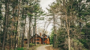 A log cabin surrounded by dense forest, accessible via a gravel path.