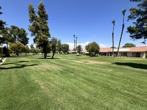 A well-maintained grassy area with trees and a building with a red-tiled roof. - Beautiful Southwest Facing 2 Bedroom on the Greenbelt! (Palm Desert)