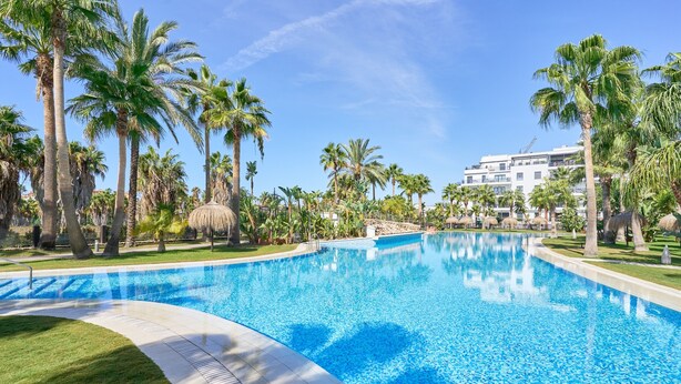 Una piscina rodeada de palmeras y un edificio al fondo.