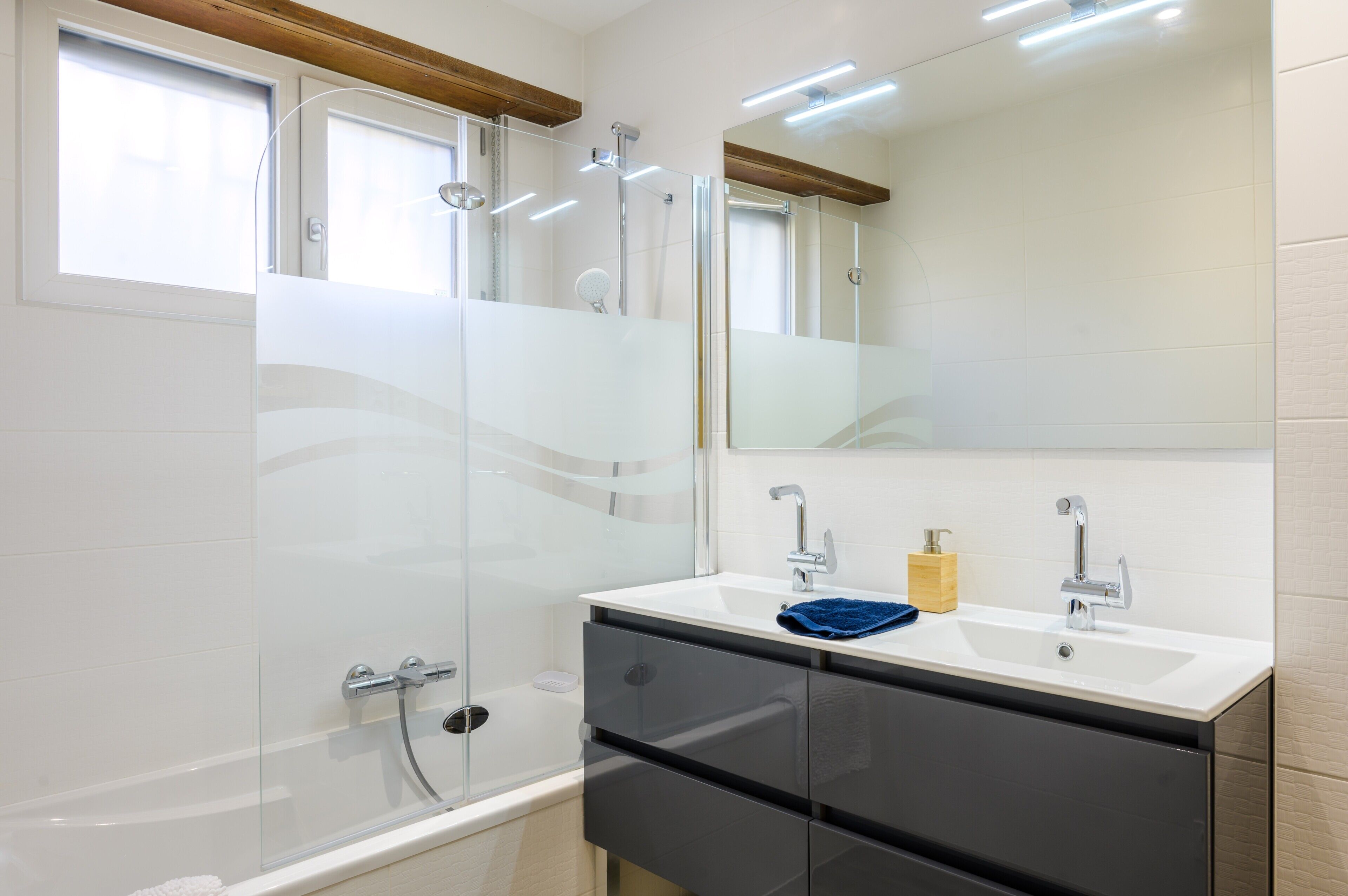 Shower, hair dryer, towels