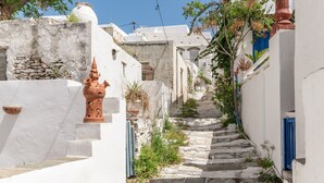 Un escalier étroit en pierre, dans un bâtiment aux murs blancs, avec une porte bleue et un pot en terre cuite.
