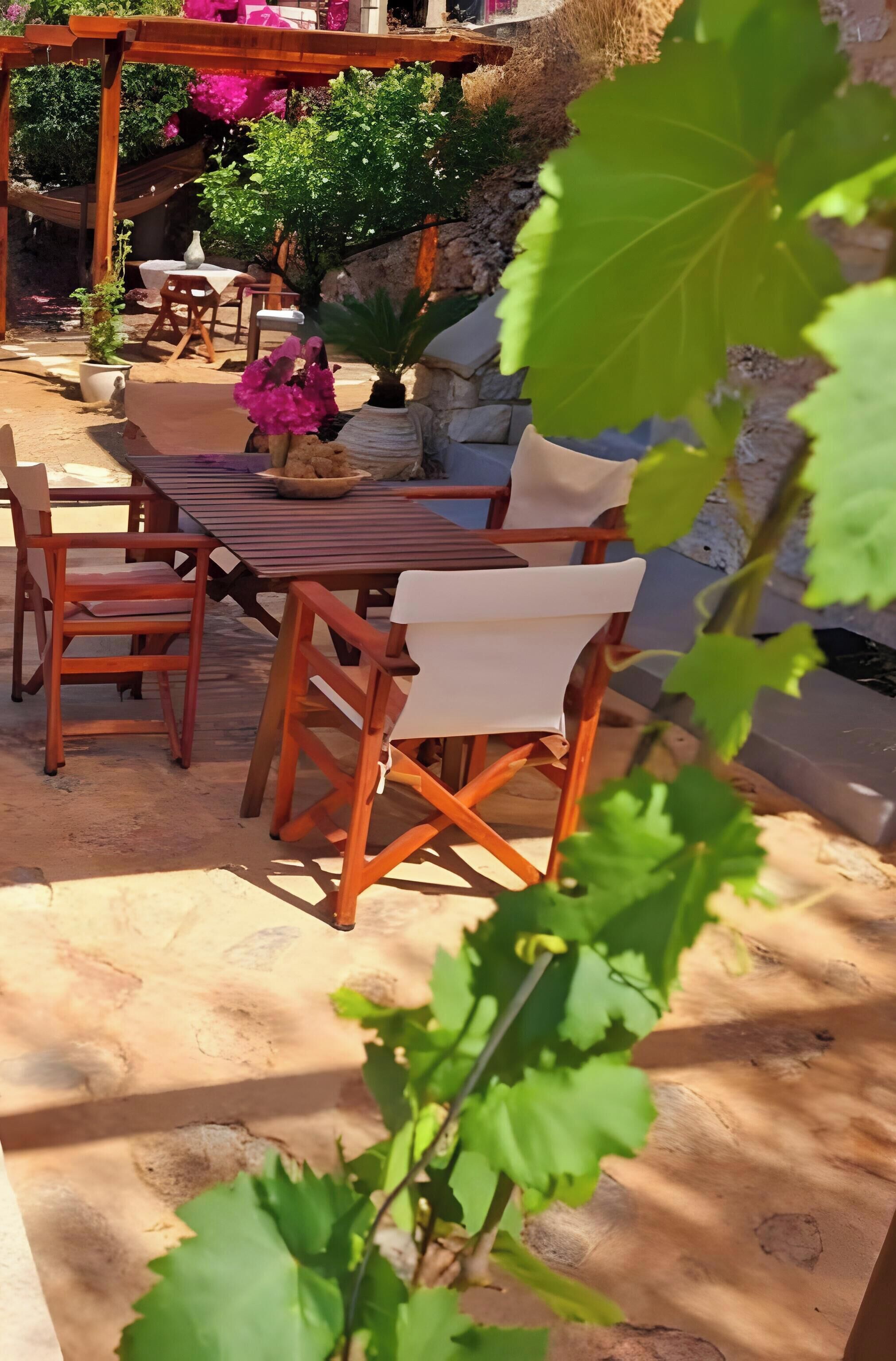 Een terras met een houten tafel en stoelen, omringd door planten in potten en een stenen muur.