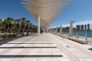 Paseo marítimo con una estructura moderna tipo marquesina, palmeras y el perfil urbano del horizonte.