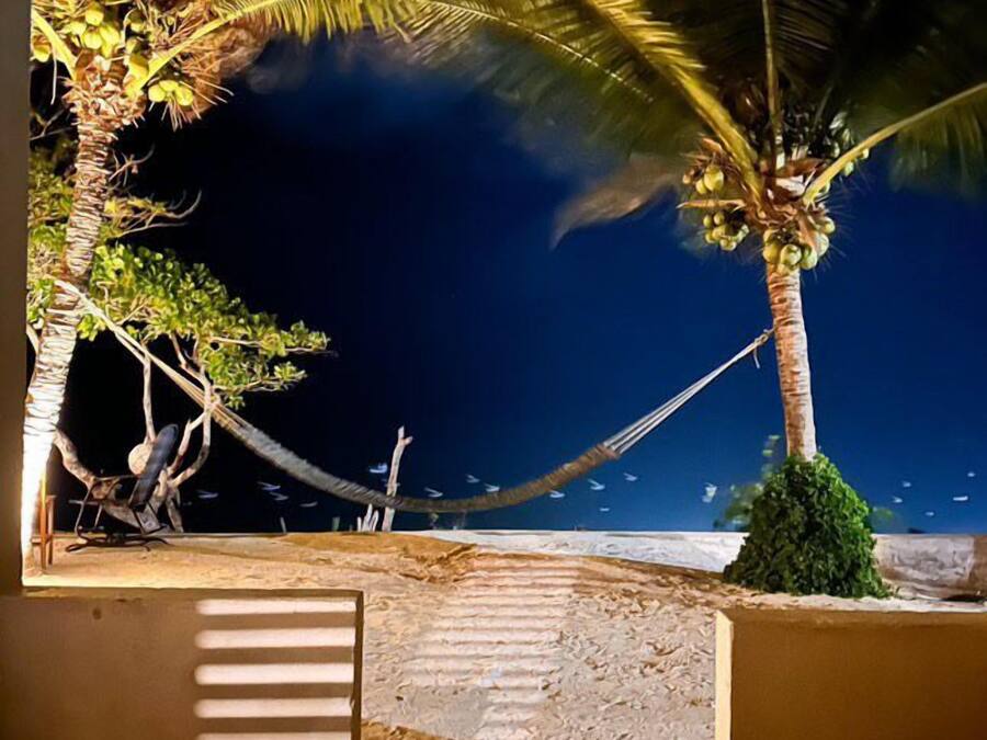 Habitación con vista a la playa de noche, con palmeras y una hamaca.