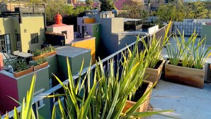A rooftop terrace with potted plants and a view of buildings in the distance.