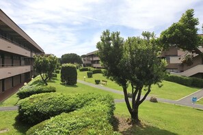 A courtyard with neatly trimmed hedges, a central tree, and modern buildings with balconies.