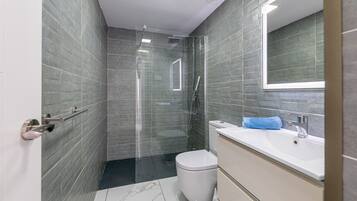 Shower, hair dryer, towels