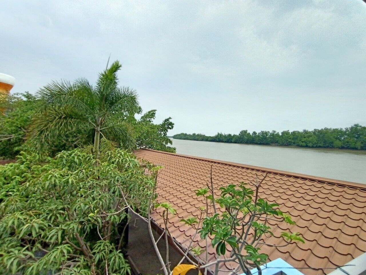 Vista de um rio a partir de um telhado com telhas, com vegetação exuberante e um corpo d'água calmo.