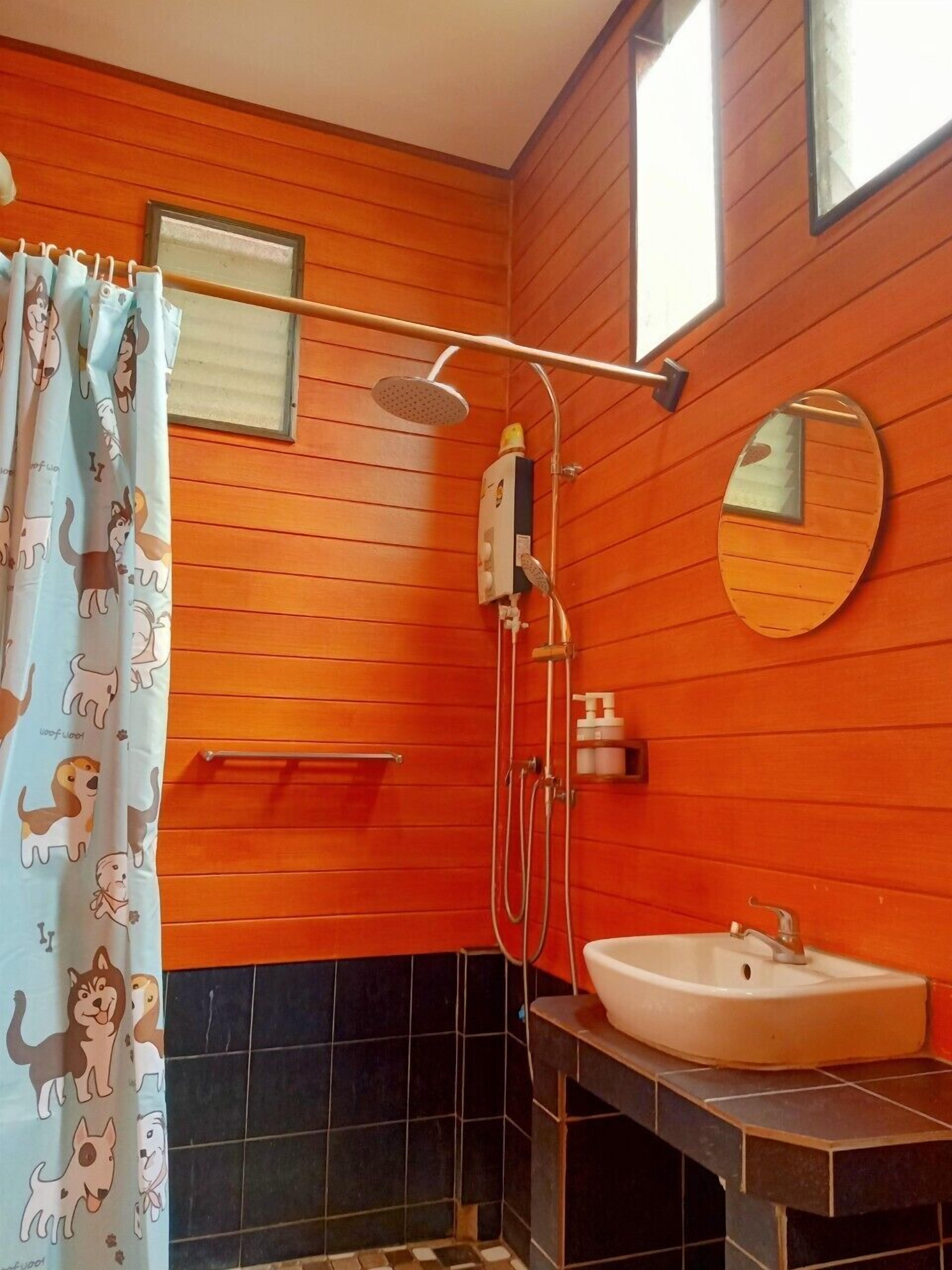 A bathroom with a shower, a sink, and a mirror.