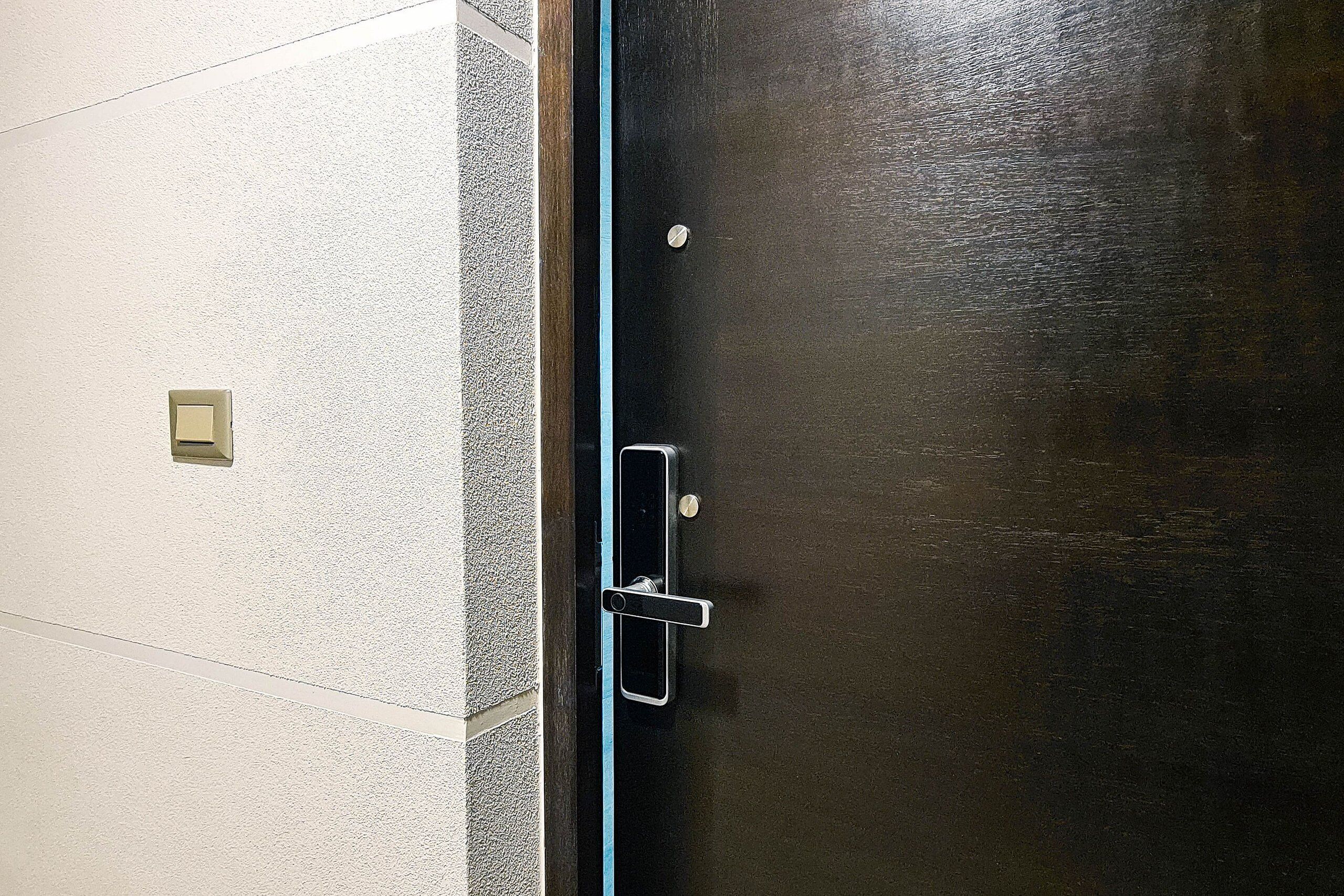 Una puerta de madera oscura con un picaporte metálico y una cerradura.