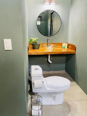 Hair dryer, towels, soap, shampoo