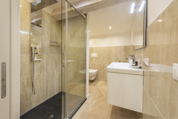Shower, hair dryer, bidet, towels