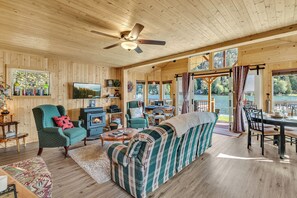 Smart TV, fireplace, DVD player, books