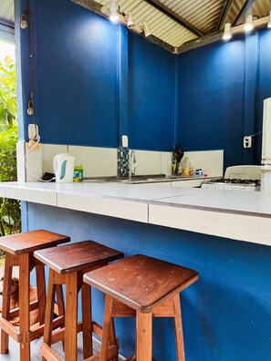 Fridge, microwave, stovetop, coffee/tea maker