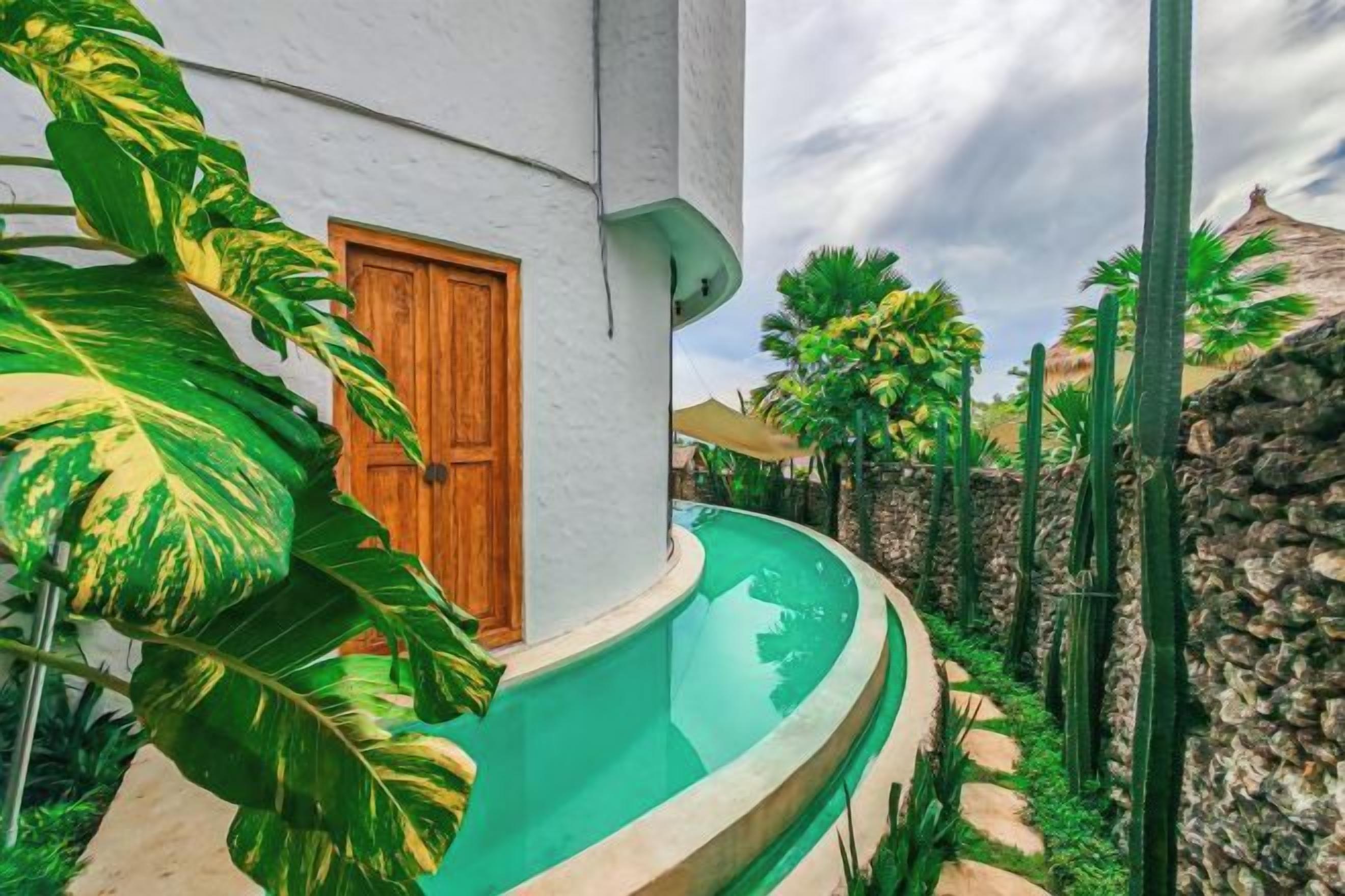 A pool area with a wooden door, surrounded by tropical plants and a stone wall.