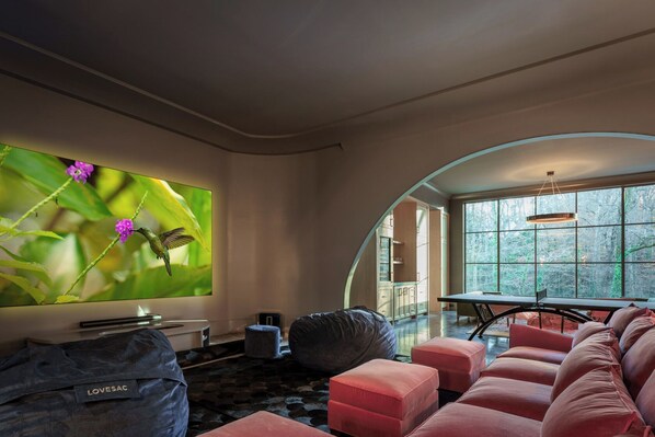 Smart TV, fireplace, books