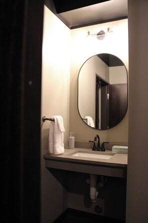 The Rex | Bathroom | Shower, hair dryer, towels, soap - 4th Street Lofts (Bemidji)