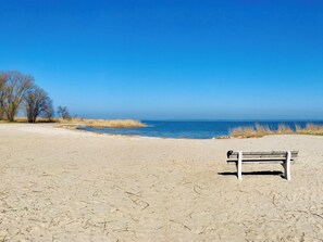On the beach, sun loungers - Sunny beach house right on the lagoon with water views for 2-4 people (Mönkebude)