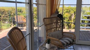 Un balcon ensoleillé avec des fauteuils en osier et un canapé à rayures, de grandes portes vitrées et une vue sur la verdure.