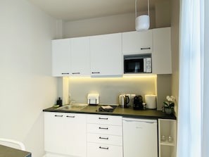 Fridge, microwave, coffee/tea maker, electric kettle