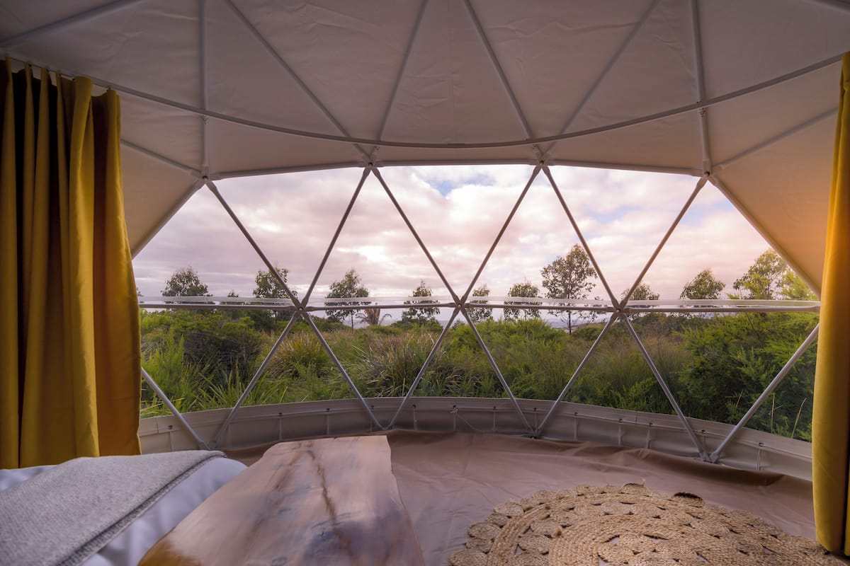 A geodesic dome structure with a view of a bridge and greenery.