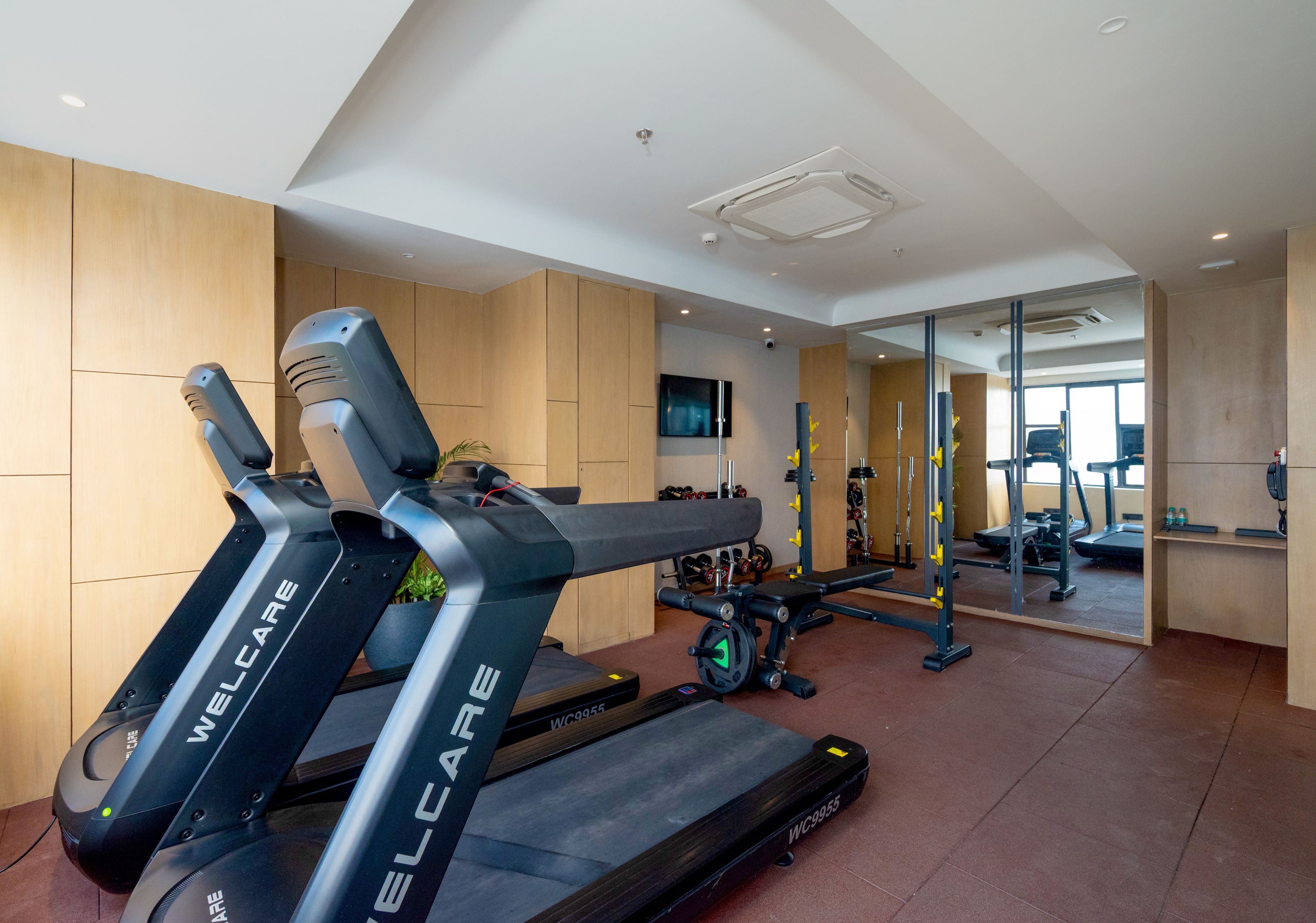 A gym with treadmills, weight machines, and a TV on the wall.
