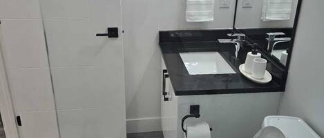 A modern bathroom with a toilet, sink, and mirror. There is a handrail for accessibility.