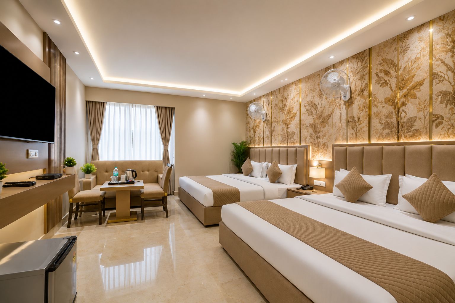 Une chambre d’hôtel comprenant un lit, des tables de chevet, un bureau avec une chaise, une télévision et une grande fenêtre avec des rideaux.