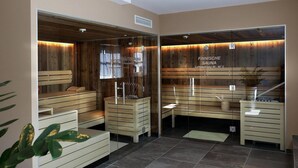 Un sauna avec des bancs en bois et des murs en verre, agrémenté d’une pancarte indiquant « SAUNA FINLANDAISE » et « Température de l’air : 90 à 95 °C ».