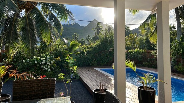 Un espace extérieur abrité, doté d’une piscine, entouré d’une végétation luxuriante et offrant une vue sur les montagnes.