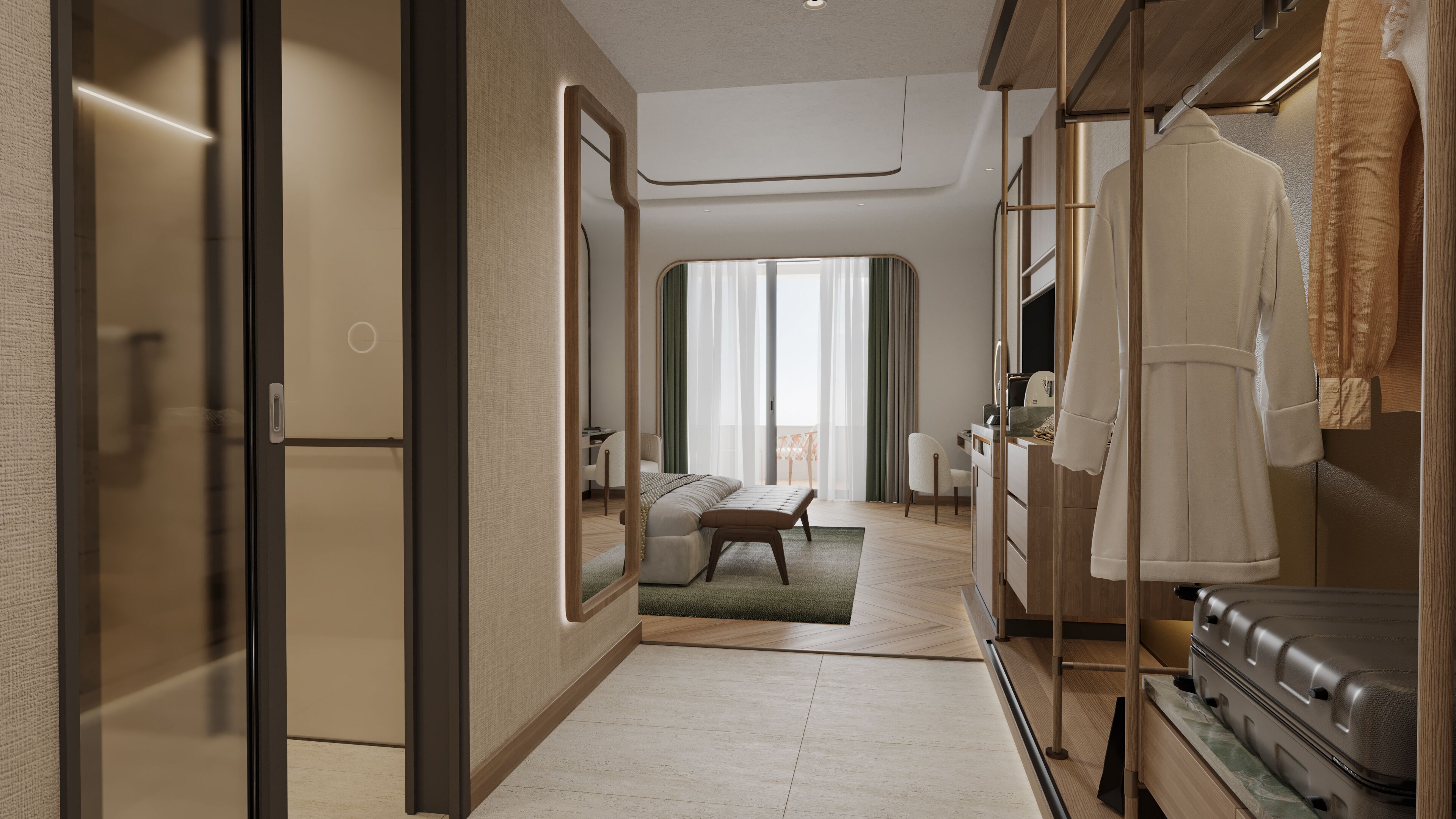 Una habitación de hotel con cama, escritorio, silla, espejo y armario.